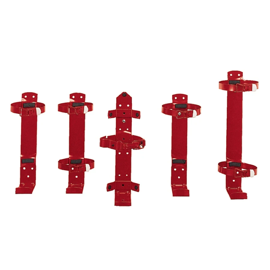 Five red steel fire extinguisher mounting brackets in wall-mount and vehicle-mount configurations