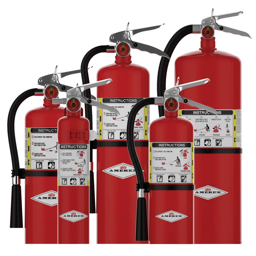 Five Amerex portable fire extinguishers in ascending sizes, each with a pressure gauge, discharge hose, and ABC-rated instruction label