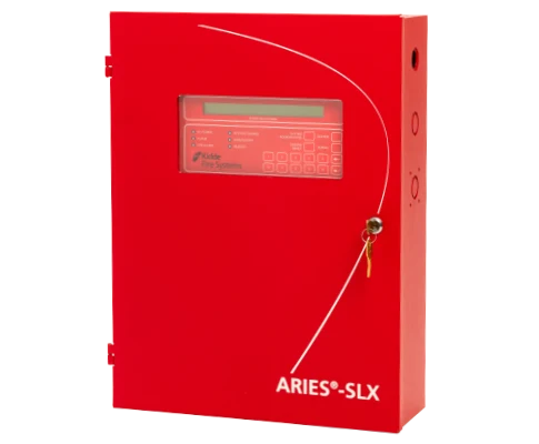 Kidde ARIES-SLX suppression releasing control panel, a red wall-mounted enclosure with keypad, status display, and keyed lock