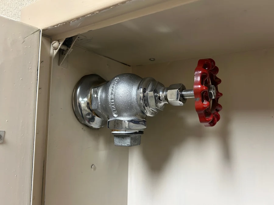 Chrome fire sprinkler system control valve with red handwheel in a commercial riser closet